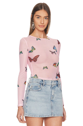 superdown Ari Butterfly Mesh Top in Pink