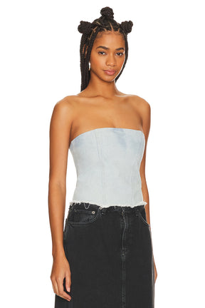 superdown Domonique Strapless Denim Top in Denim Blue