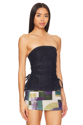 superdown Amora Corset Top in Dark Blue Wash