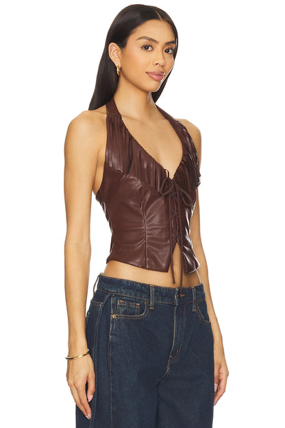 superdown Kay Faux Leather Top in Brown
