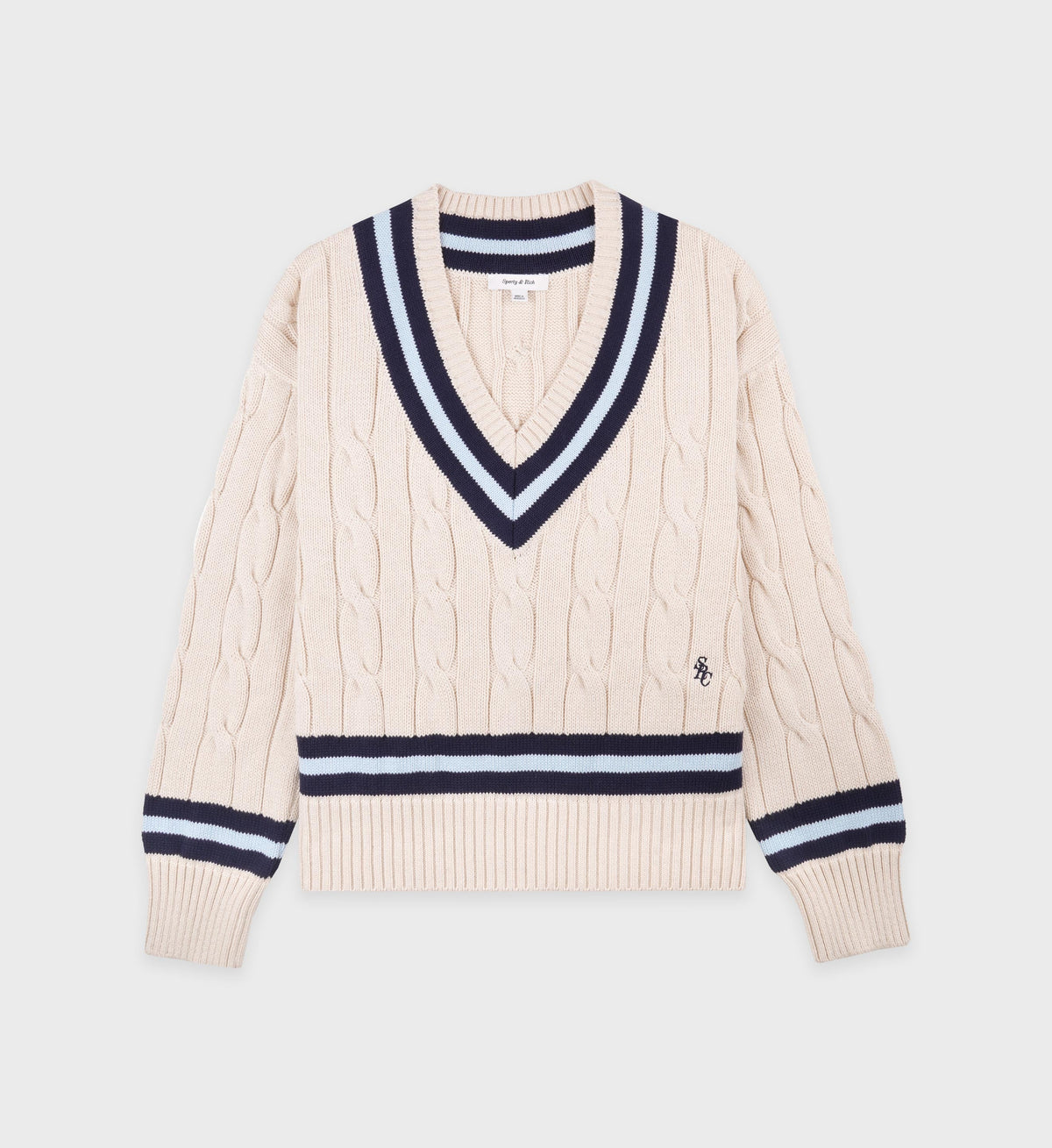 SRC Cableknit V-Neck Sweater - Ecru/Navy/Ciel