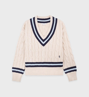 SRC Cableknit V-Neck Sweater - Ecru/Navy/Ciel