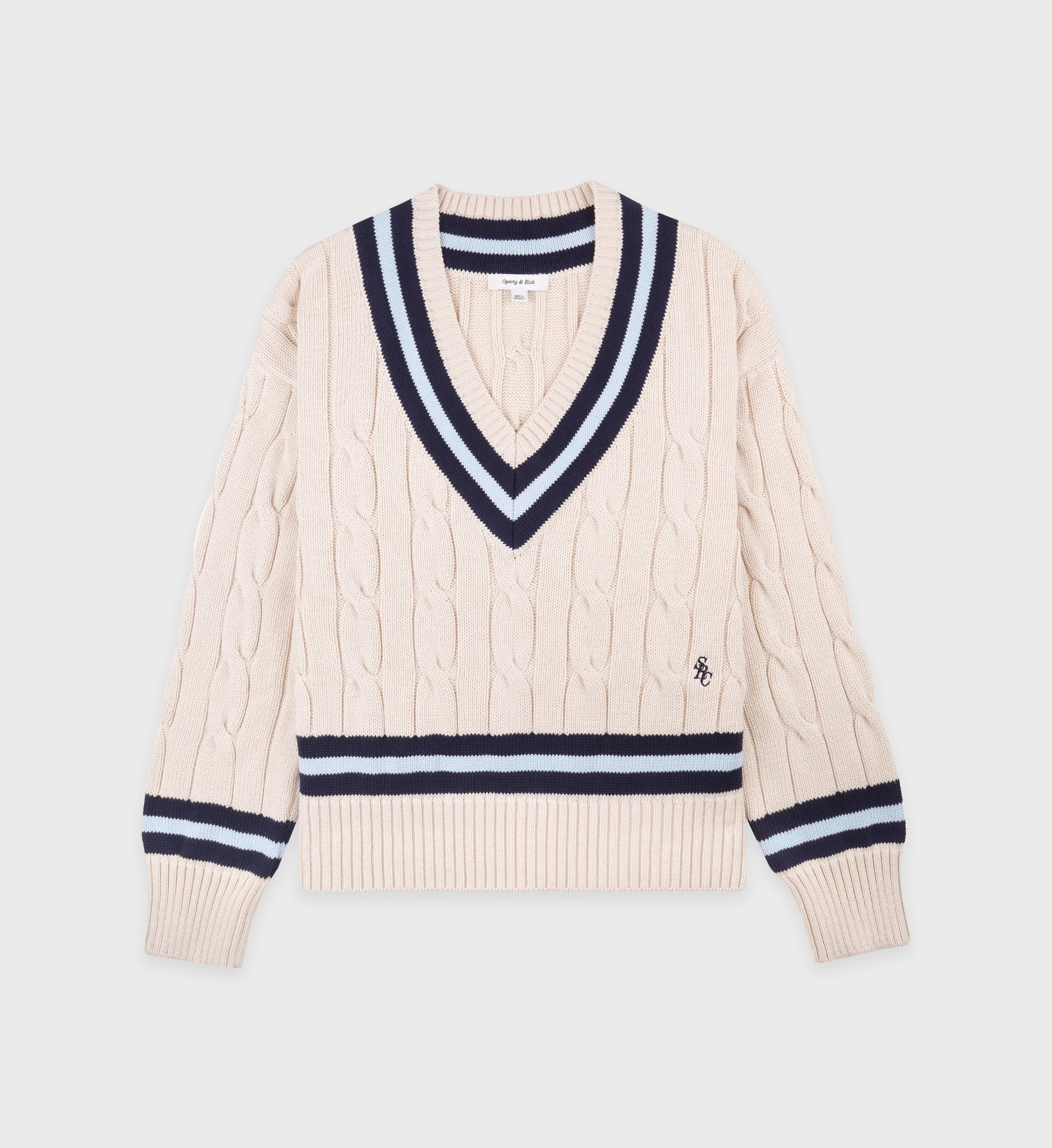 SRC Cableknit V-Neck Sweater - Ecru/Navy/Ciel