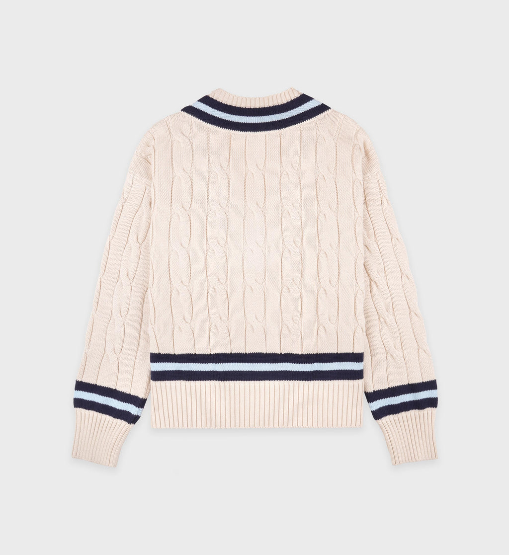 SRC Cableknit V-Neck Sweater - Ecru/Navy/Ciel