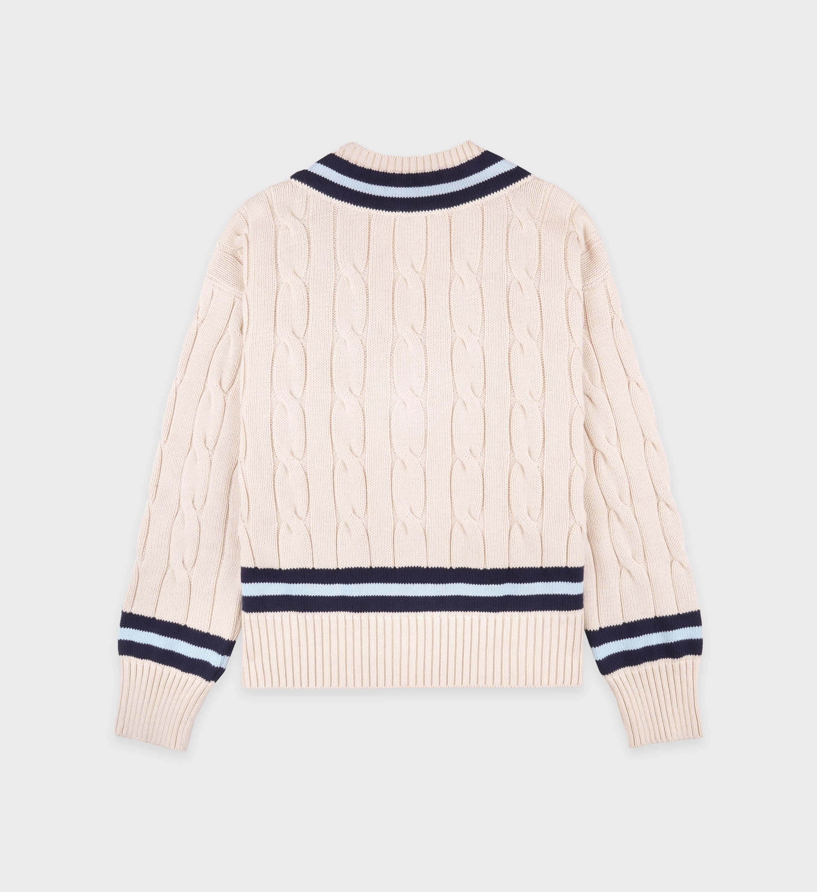 SRC Cableknit V-Neck Sweater - Ecru/Navy/Ciel