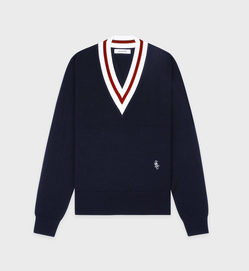 SRC Minimalist V-Neck Sweater - Navy/Ecru/Ruby