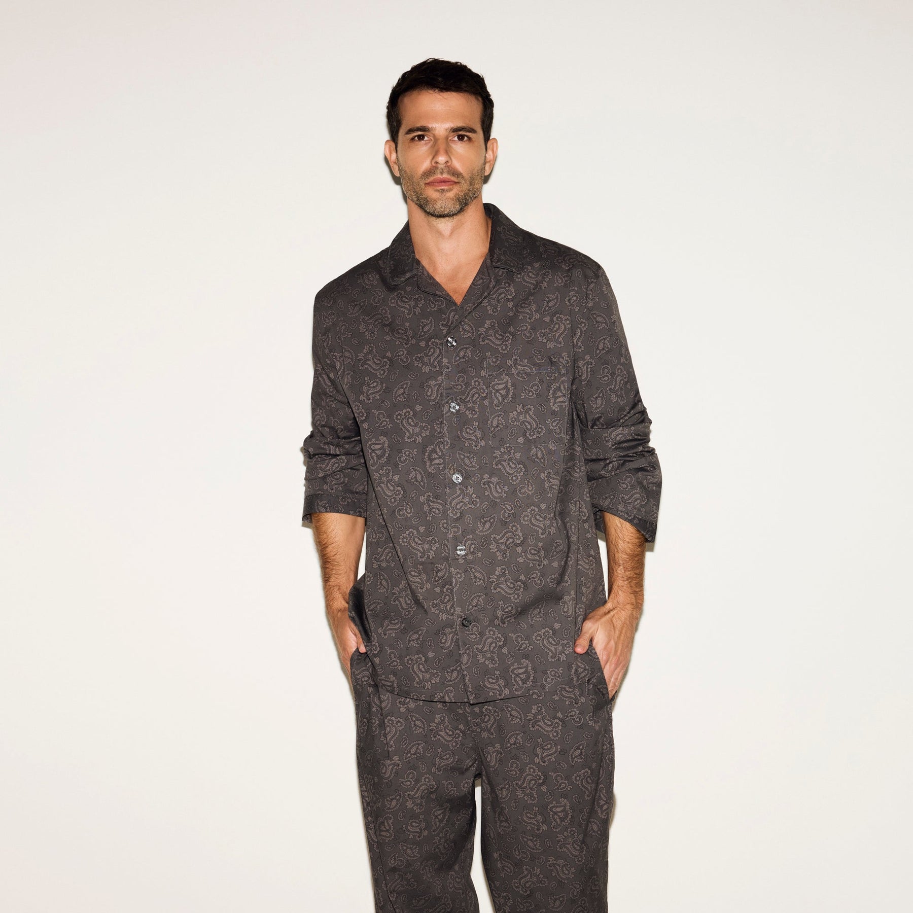 COTTON POPLIN MENS LONG SLEEP SET | ASH PAISLEY PRINT