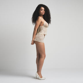 STRETCH LACE TRIANGLE CAMI AND SHORT SET | ECRU