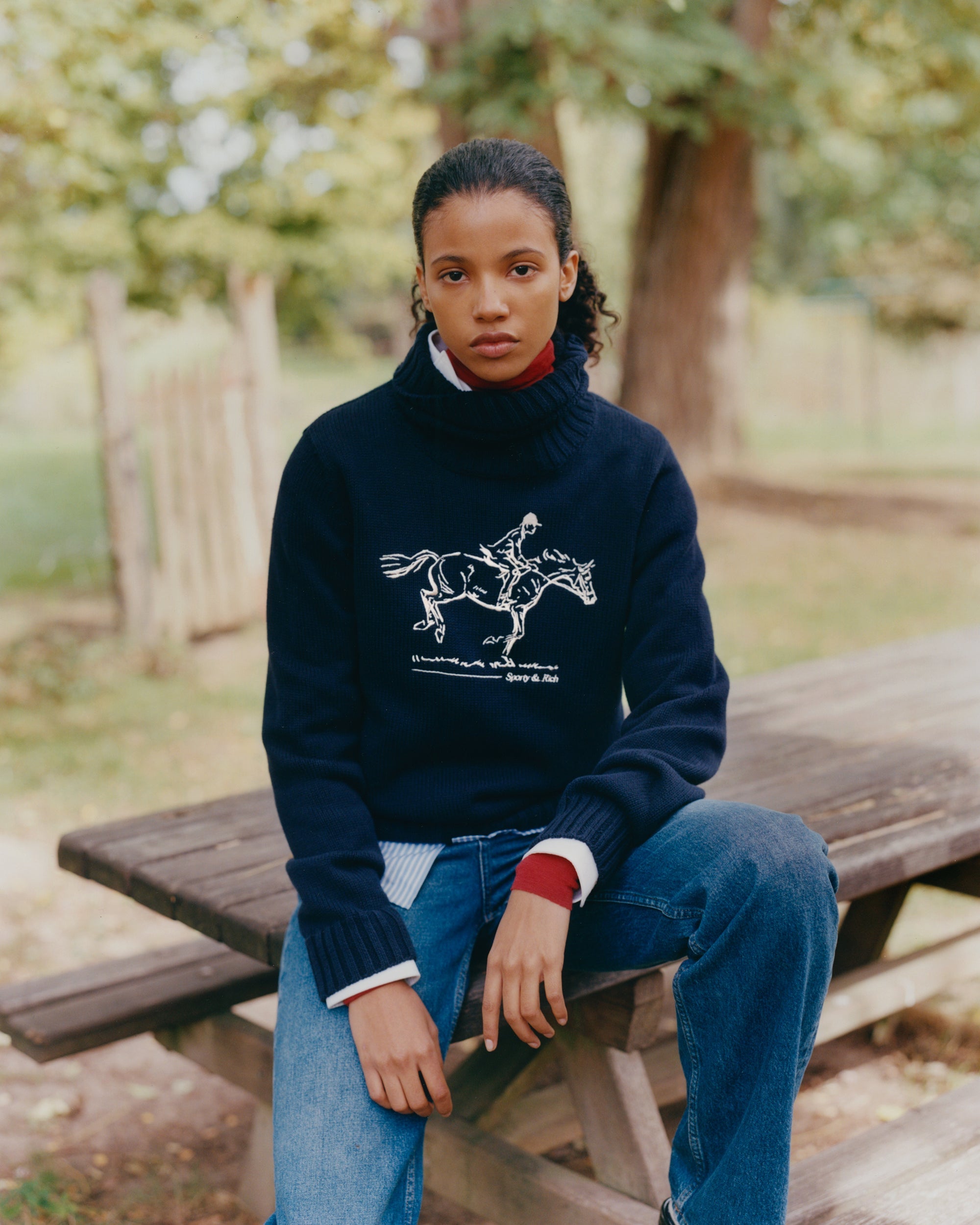 Horse Knitted Turtleneck - Navy/Ecru