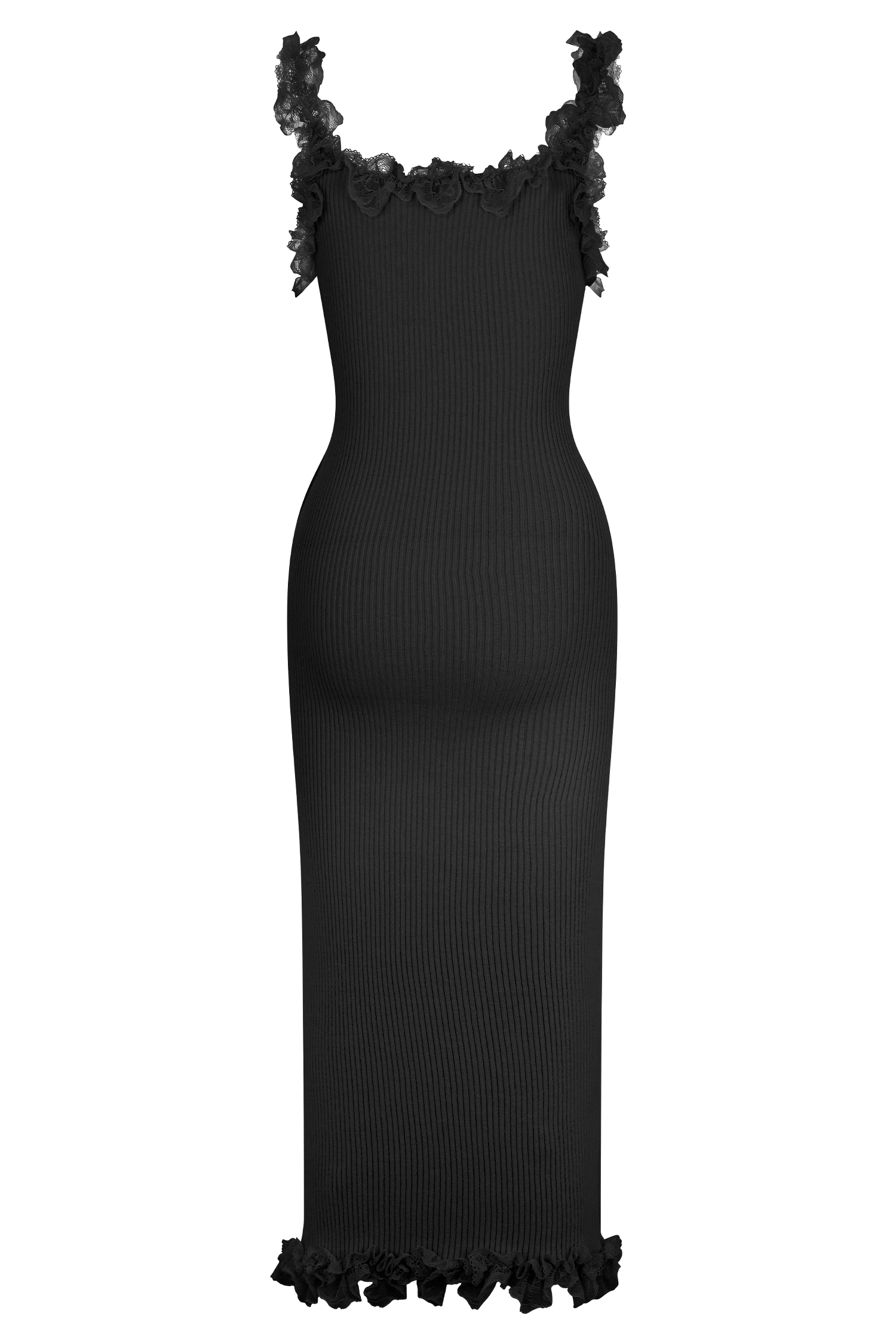 Shay Lace Ruffle Knit Midi Dress - Black