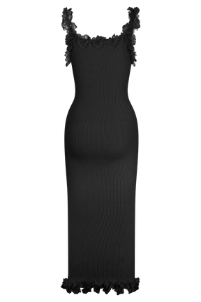 Shay Lace Ruffle Knit Midi Dress - Black