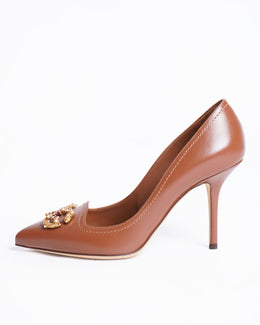 Dolce & Gabbana Brown Leather DG Amore Heels Pumps Shoes