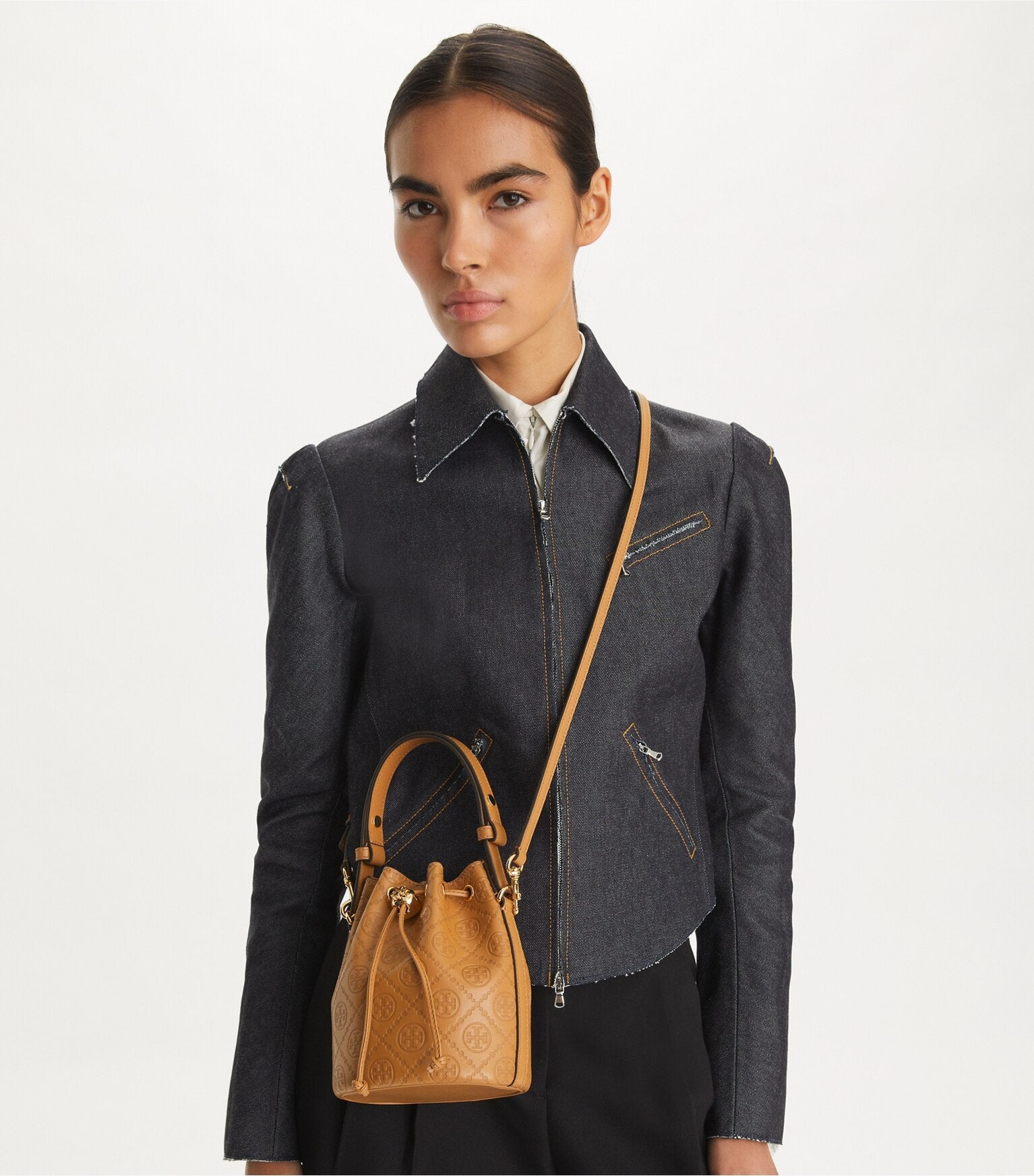 T Monogram Leather Mini Bucket Bag