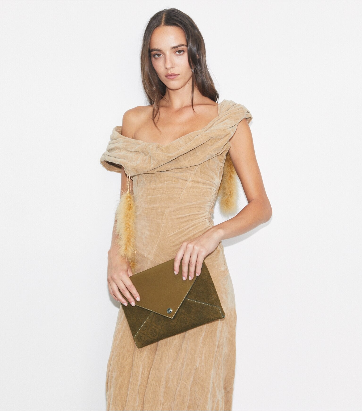T Monogram Suede Envelope Chain Pouch