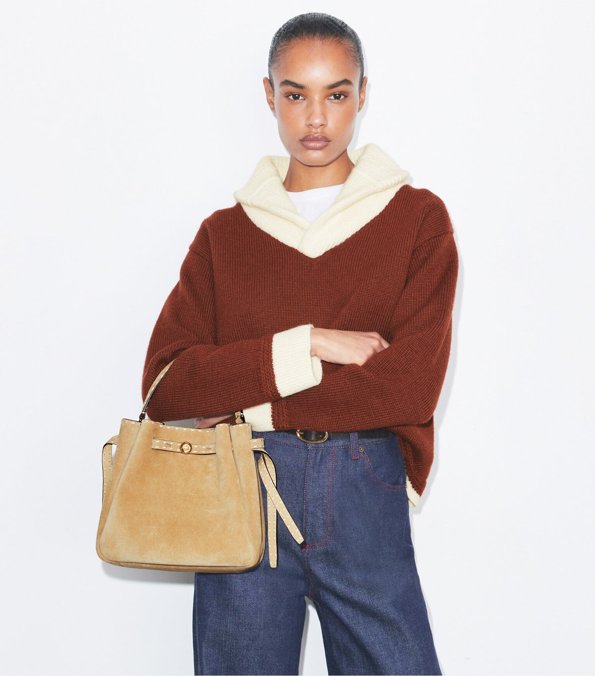 Romy Suede Pick Stitch Bucket Bag