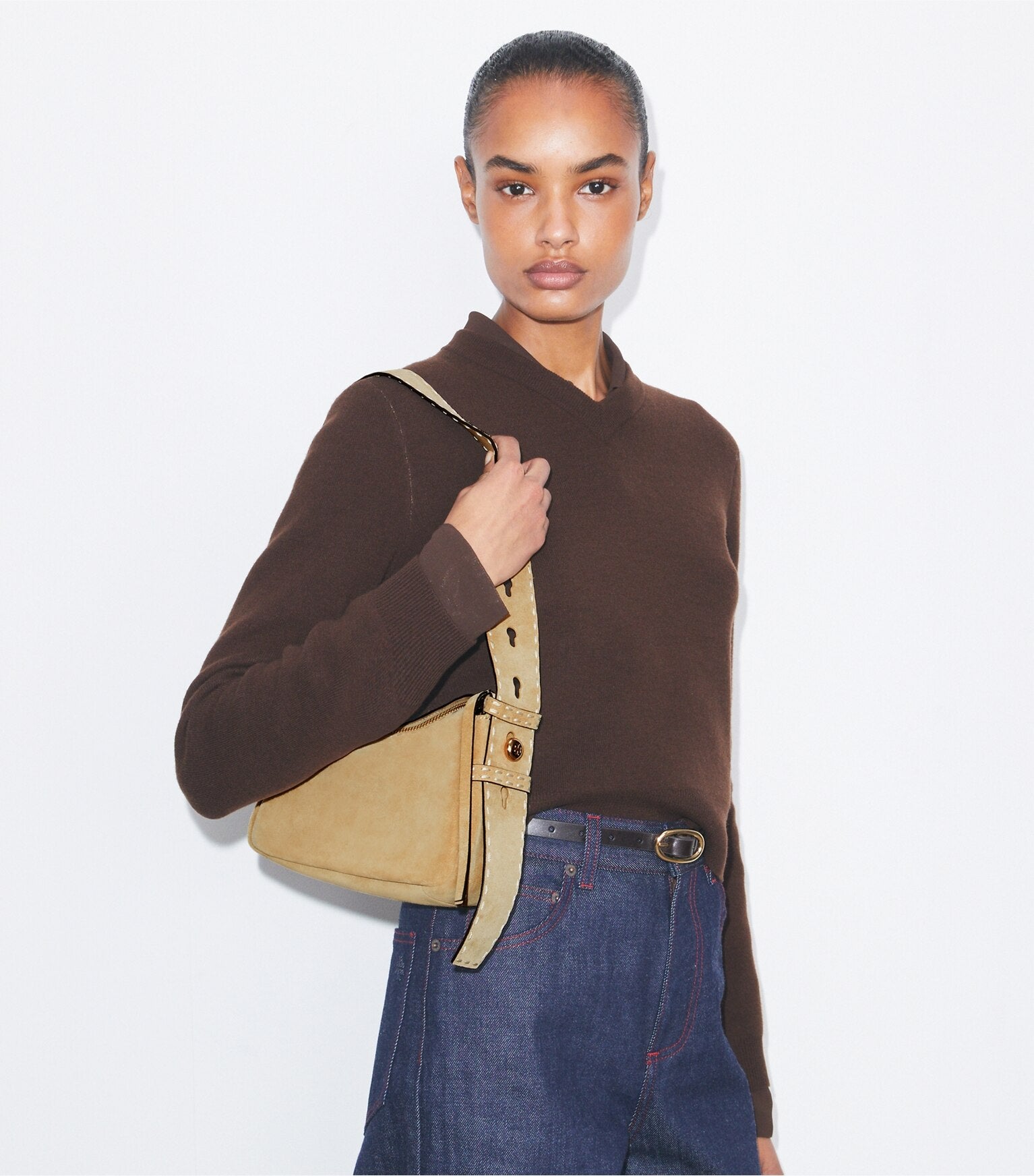 Small Romy Suede Pick Stitch Shoulder Bag