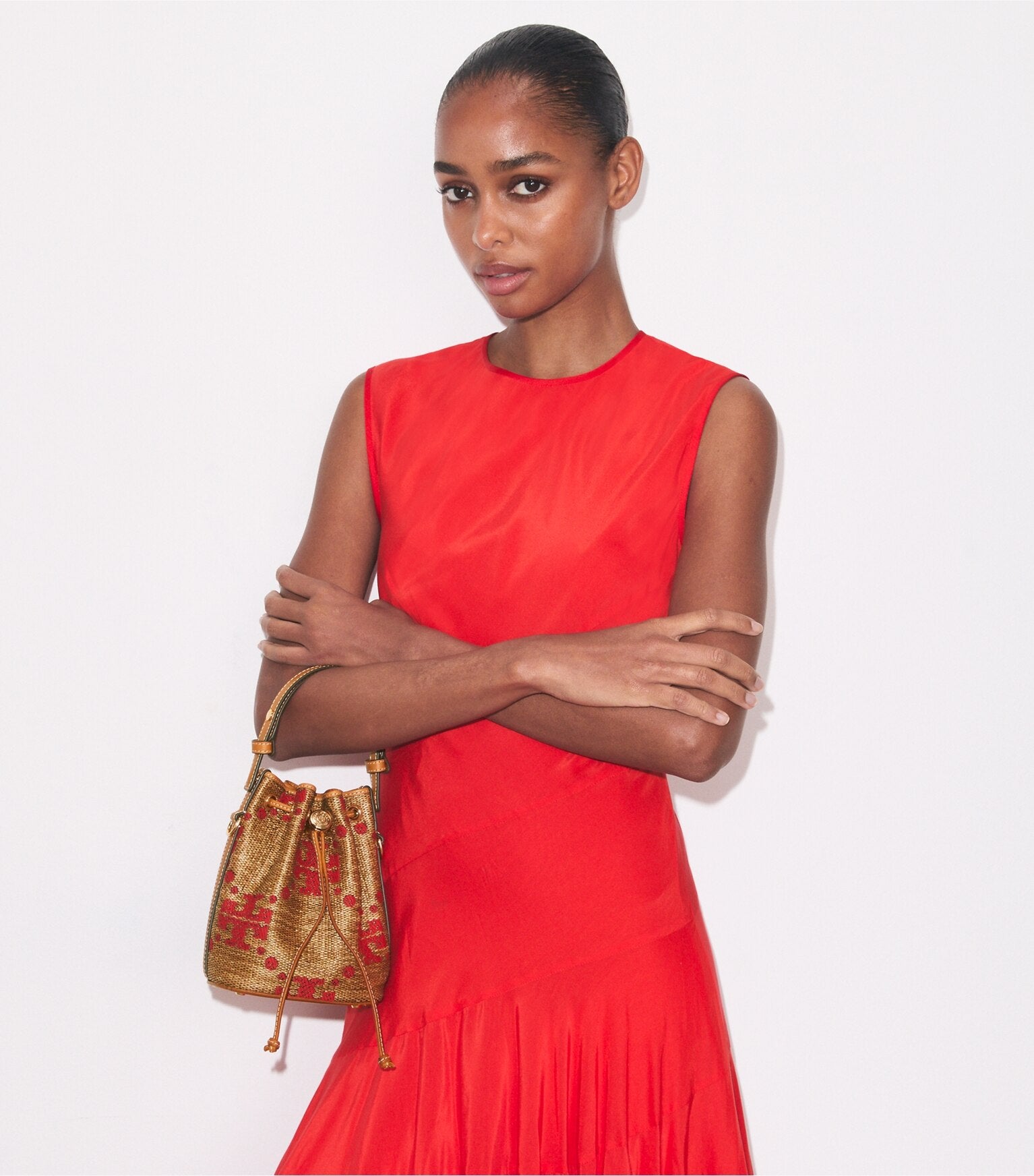 T Monogram Straw Mini Bucket Bag