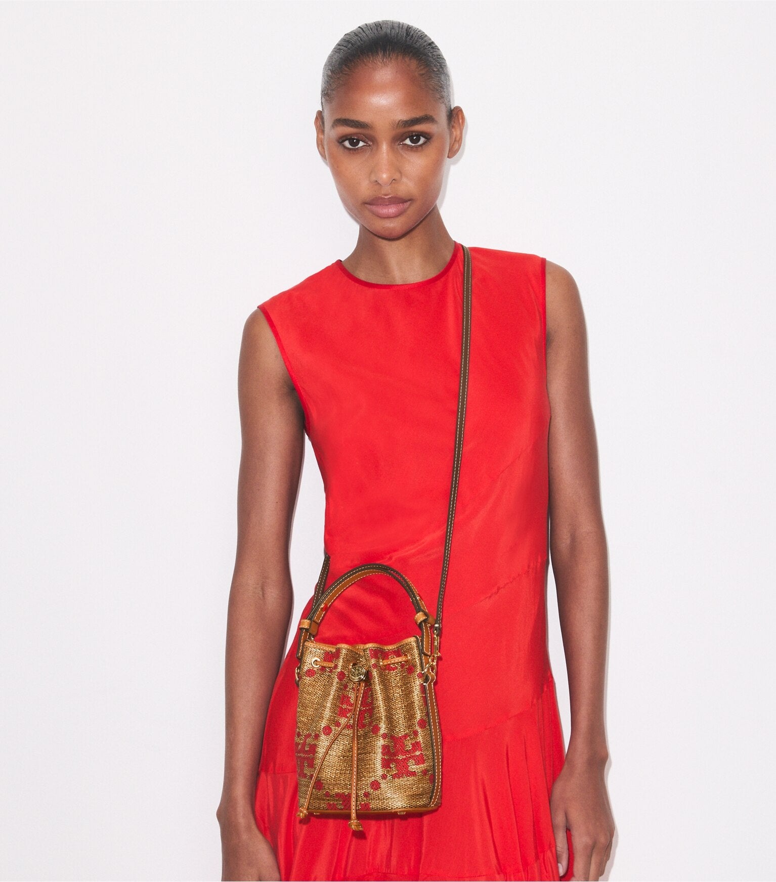 T Monogram Straw Mini Bucket Bag
