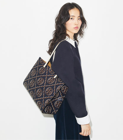 T Monogram Contrast Embossed Tote