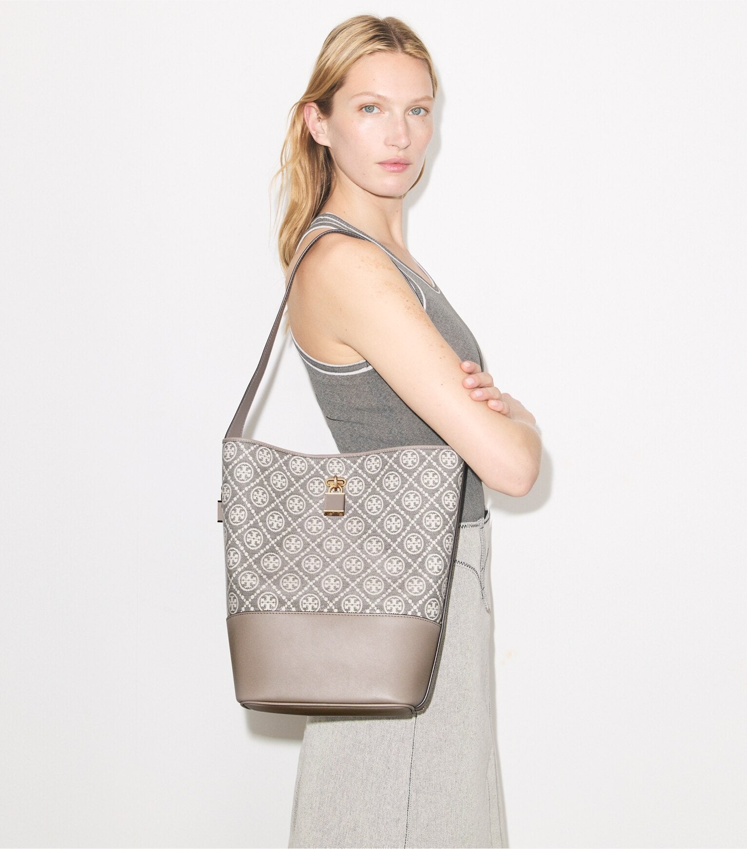 T Monogram Coated Jacquard Lock Slim Bucket Bag