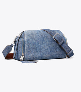 Perry Denim-Print Suede Voyager Crossbody Bag