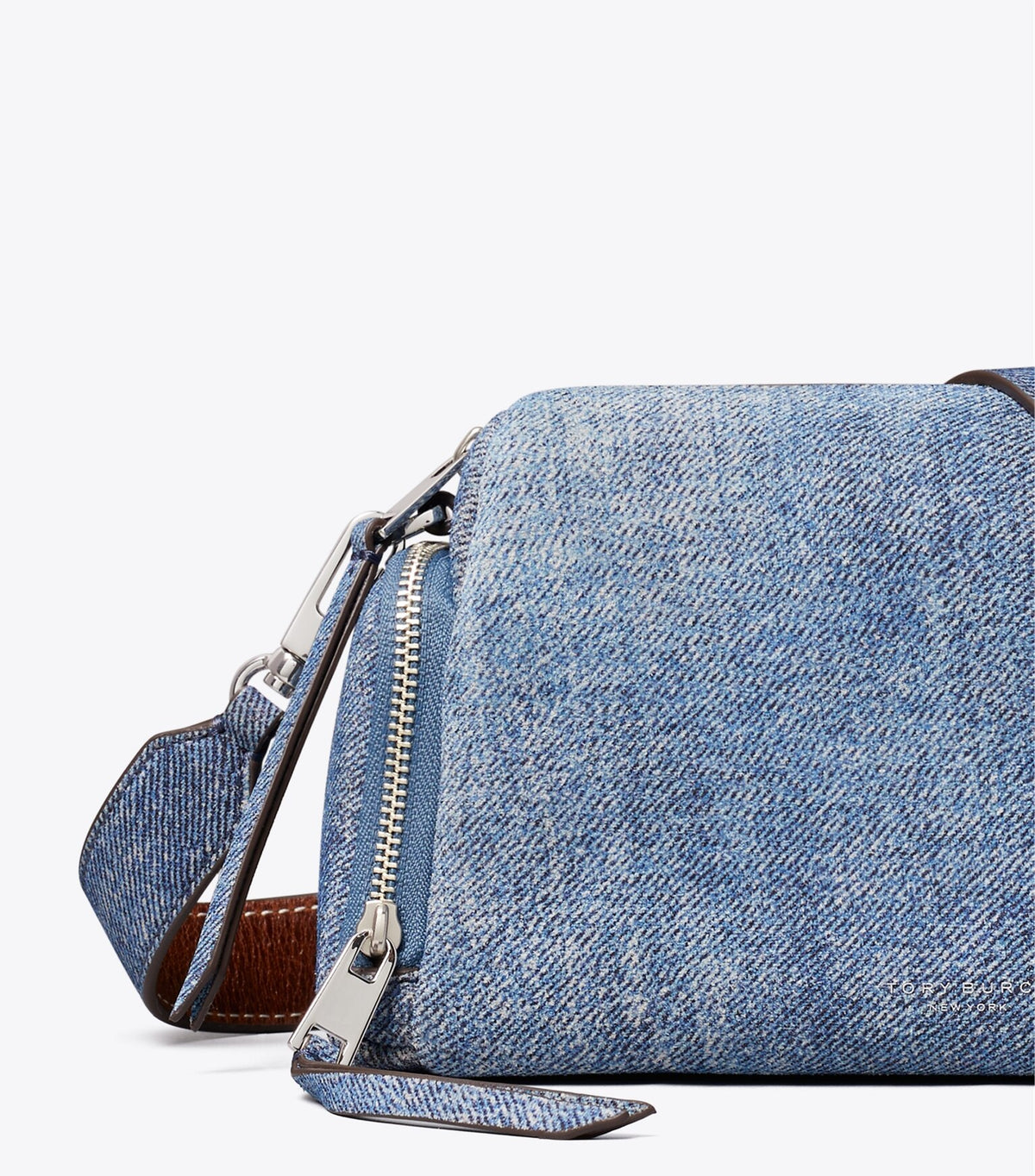 Perry Denim-Print Suede Voyager Crossbody Bag