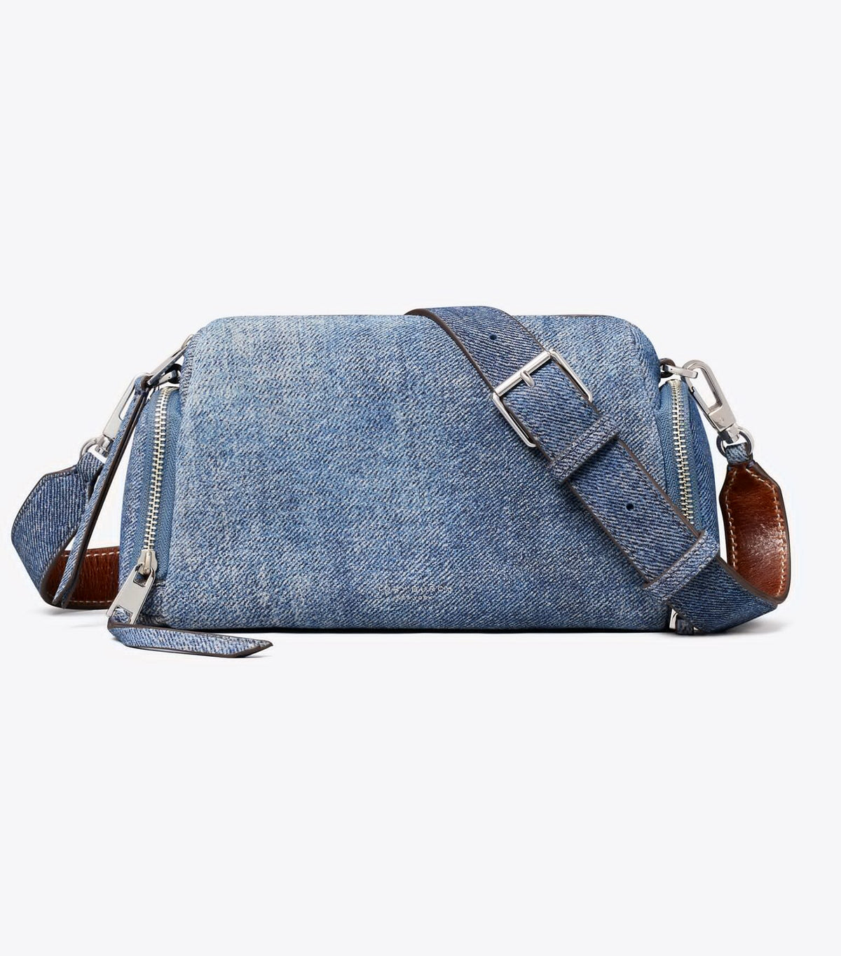Perry Denim-Print Suede Voyager Crossbody Bag