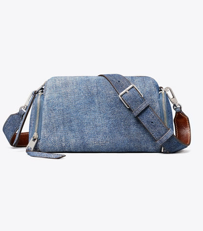 Perry Denim-Print Suede Voyager Crossbody Bag