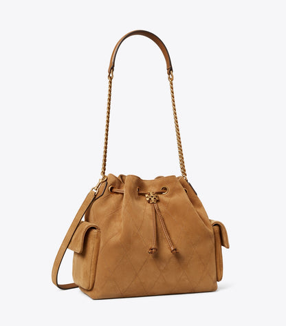 Charlie Quilted Suede Drawstring Shoulder Bag
