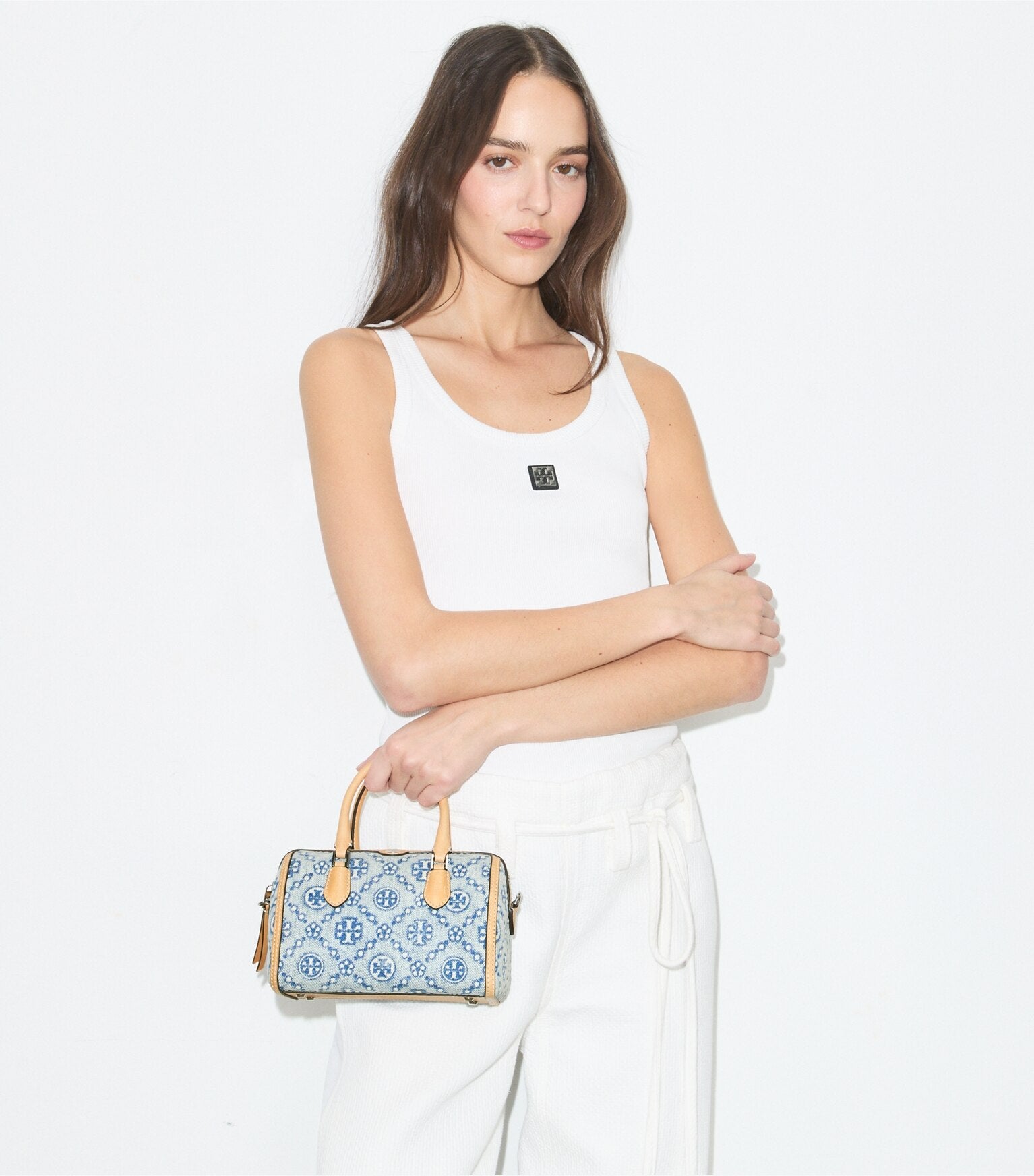 T Monogram Denim Petite Barrel Bag