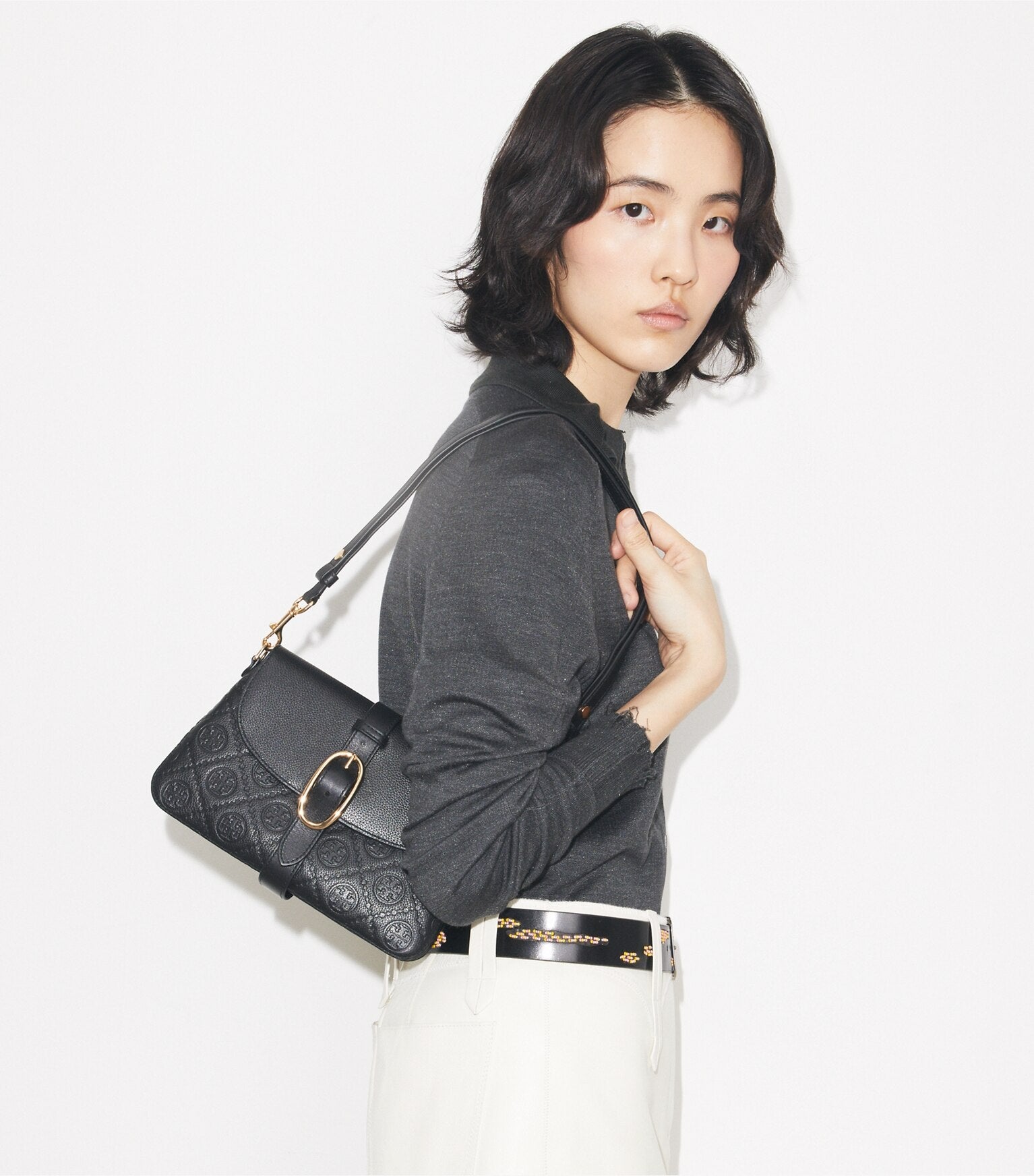 T Monogram Pebbled Soft Small Shoulder Bag
