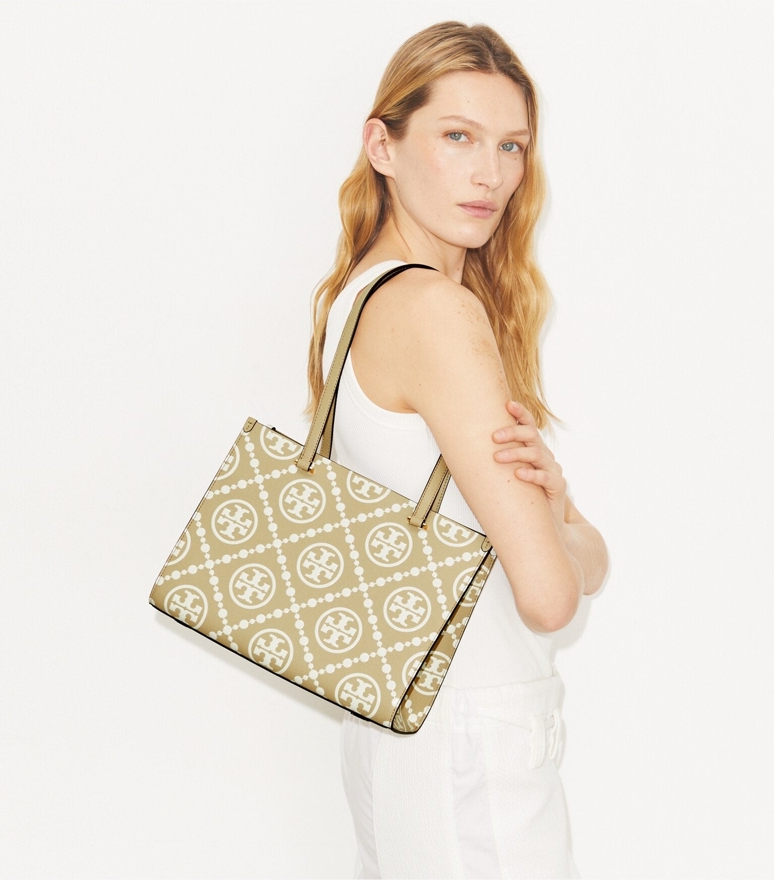 T Monogram Contrast Embossed Small Tote