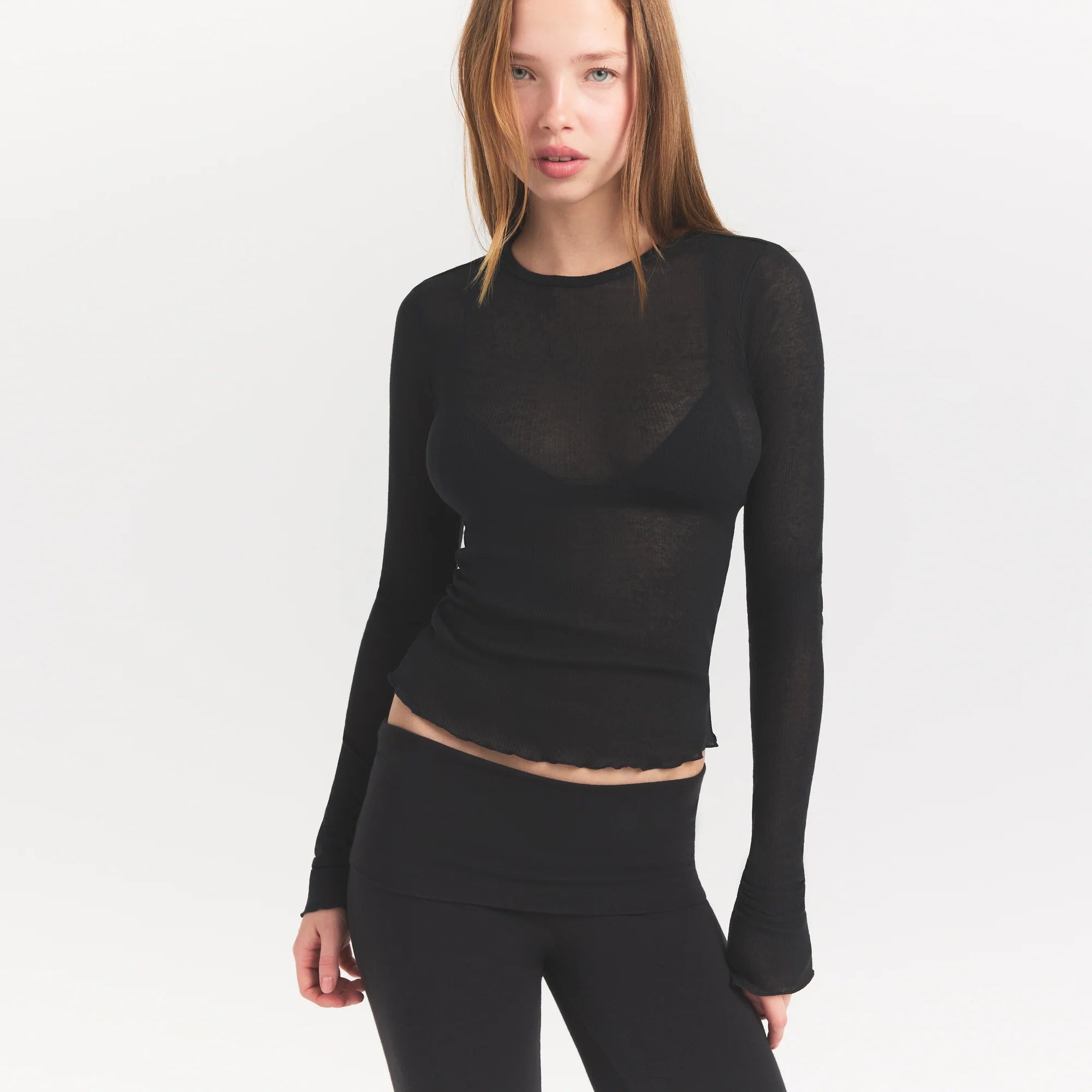 Sheer Rib Long Sleeve Top