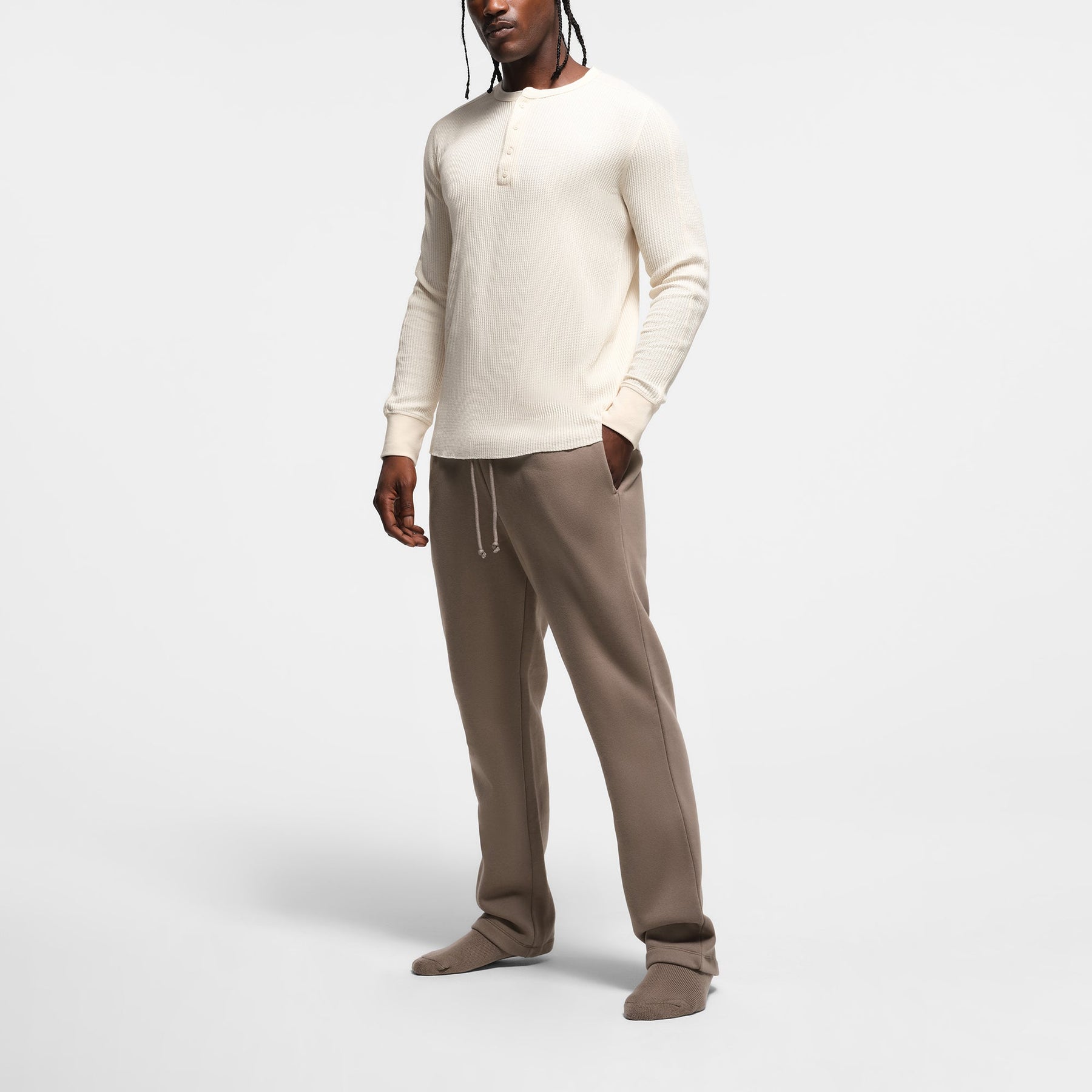 WAFFLE MENS SLIM LONG SLEEVE HENLEY | ECRU