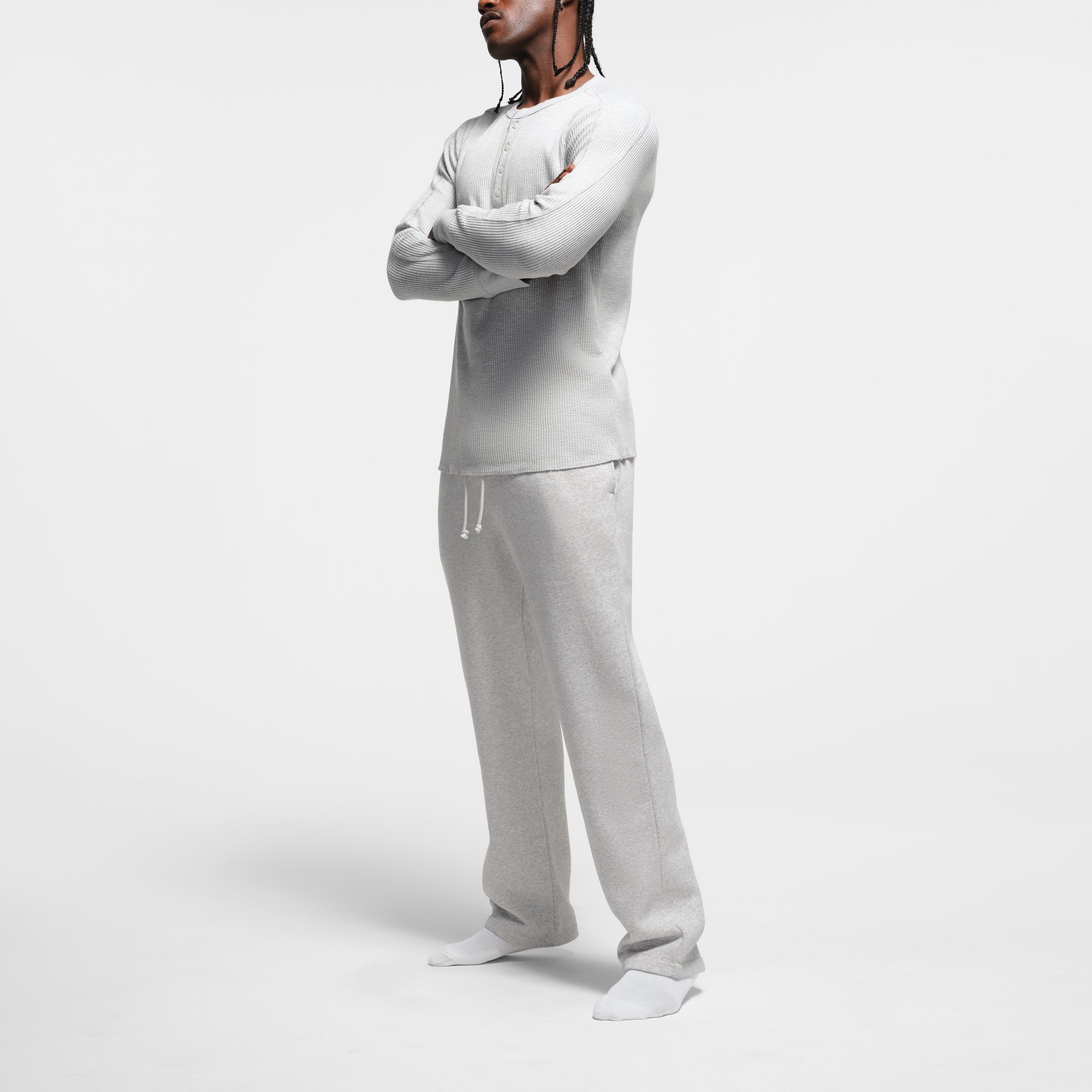 WAFFLE MENS SLIM LONG SLEEVE HENLEY | LIGHT HEATHER GREY