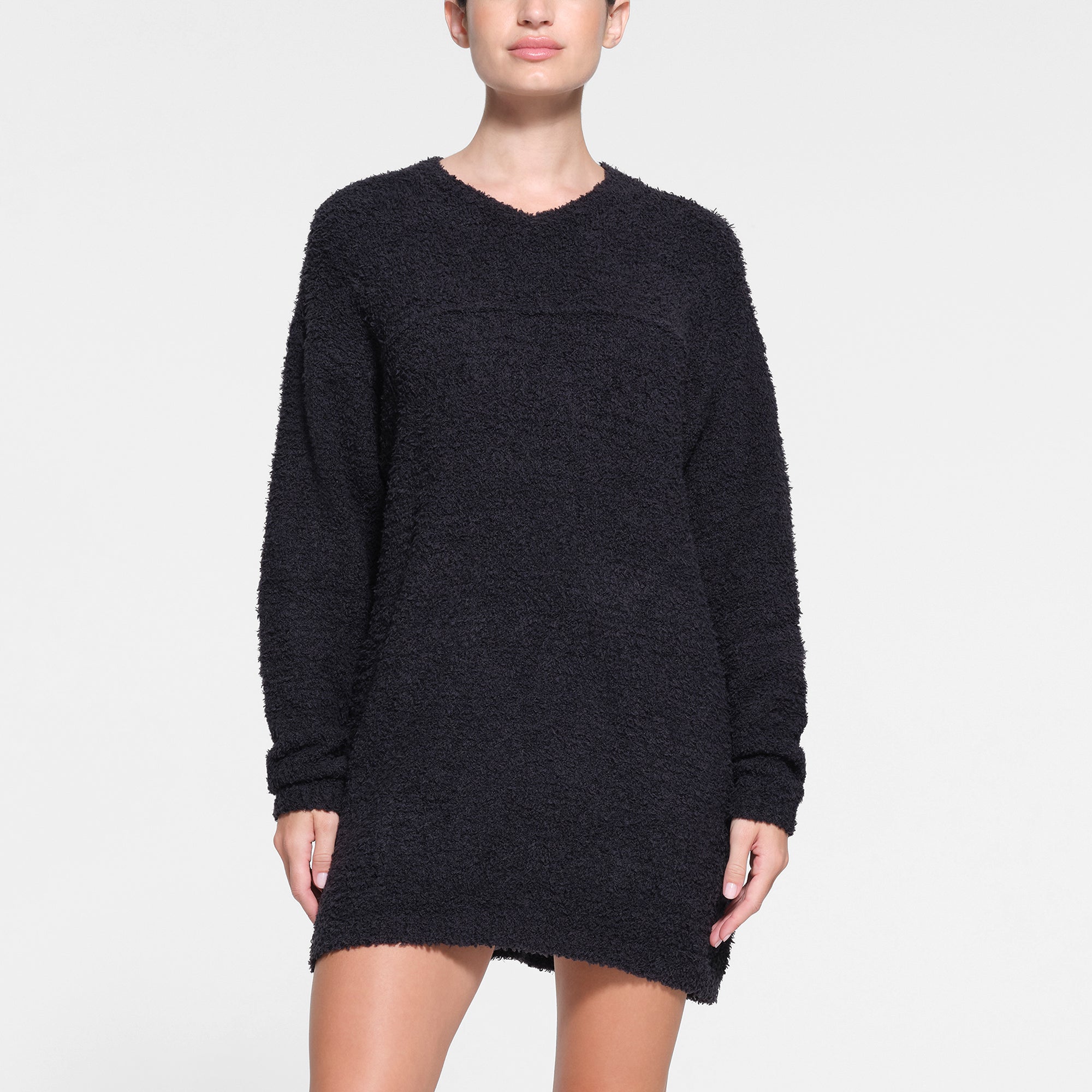 COZY KNIT V NECK MINI DRESS | ONYX