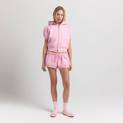 Cotton Fleece Bubble Sleeve Cropped Zip Up