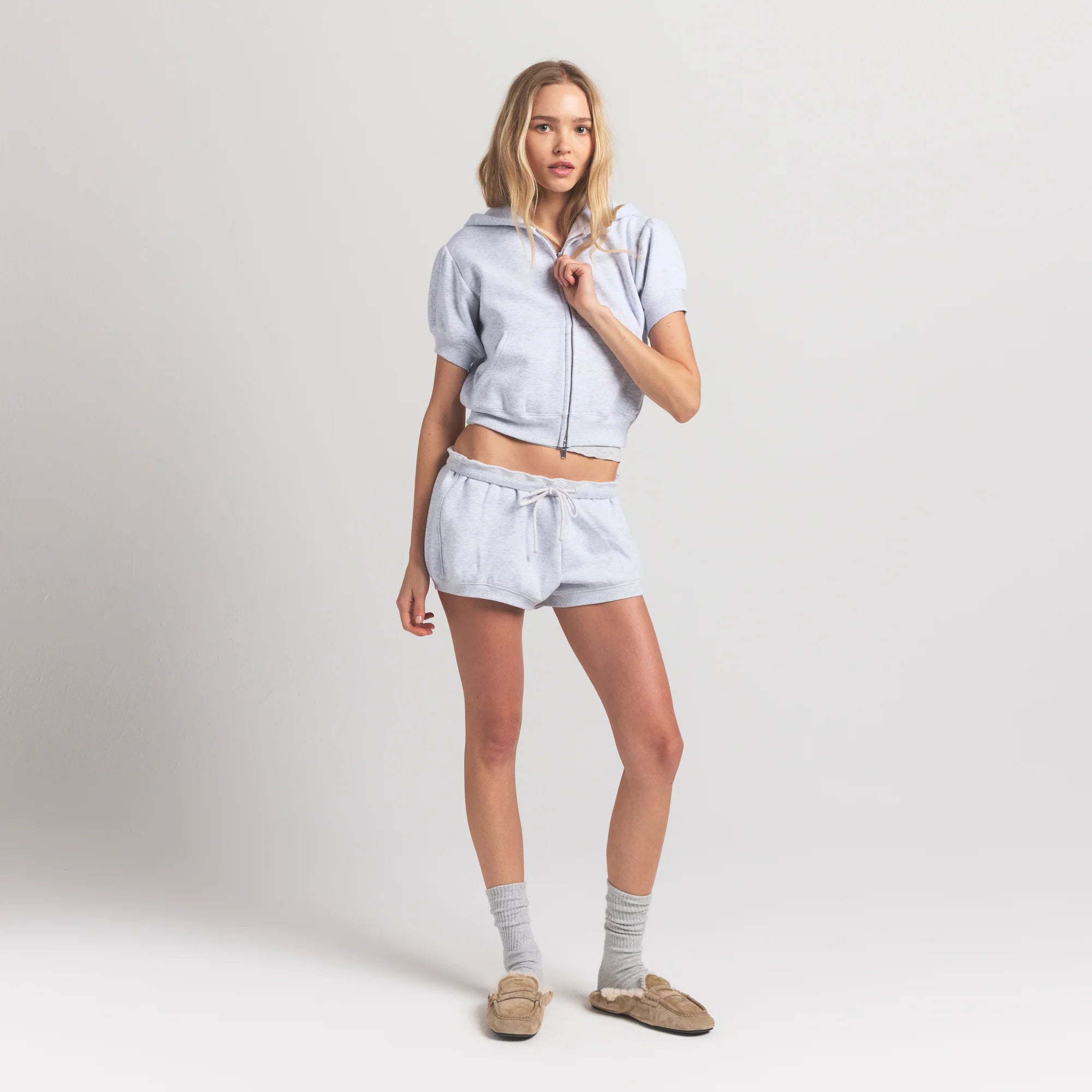 Cotton Fleece Bubble Sleeve Cropped Zip Up