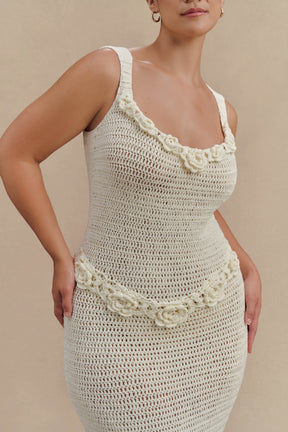 Teagan Floral Hand Crochet Midi Dress - Ivory
