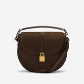 DeMellier The Siena Saddle mocha suede & mocha small grain