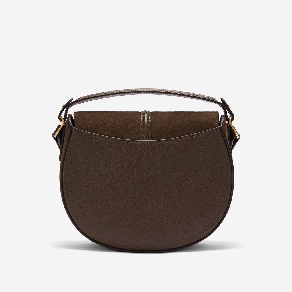 DeMellier The Siena Saddle mocha suede & mocha small grain
