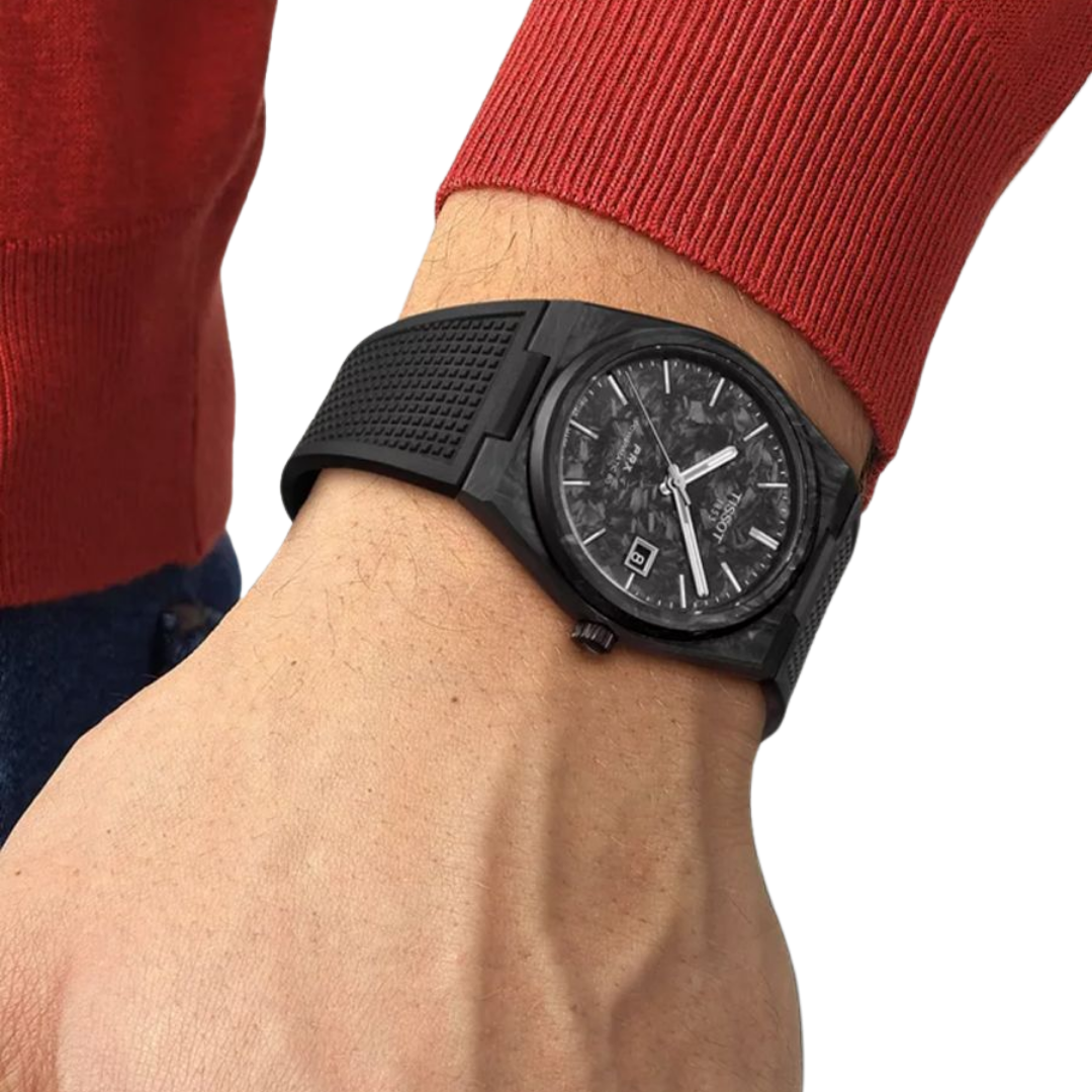 Tissot PRX Powermatic 80 40mm Black Carbon Dial Rubber Strap Watch