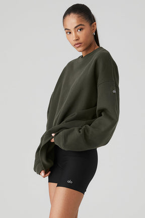 Renown Heavy Weight Crew Neck Pullover in olive green, showcasing relaxed fit and dropped shoulders, styled for men and women.