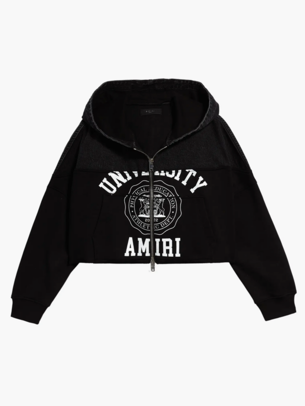 AMIRI WOMENS HYBRID CROPPED ZIP UP HOODIE SATIN BLACK