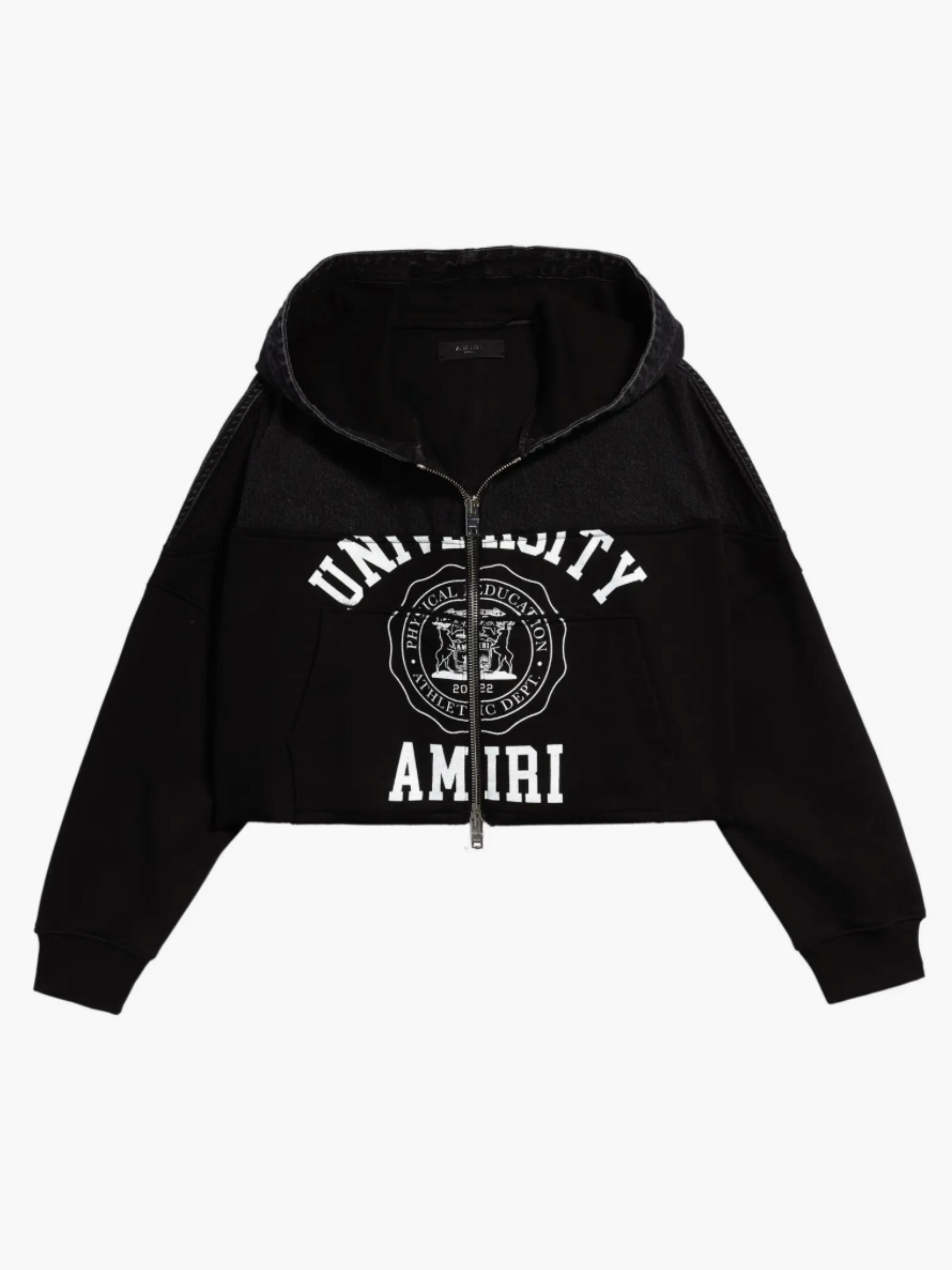 AMIRI WOMENS HYBRID CROPPED ZIP UP HOODIE SATIN BLACK