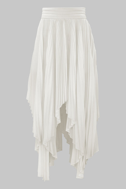 ASYMMETRIC PLEATED SKIRT W/ VEGAN LEATHER WAIST