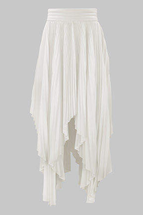 ASYMMETRIC PLEATED SKIRT W/ VEGAN LEATHER WAIST