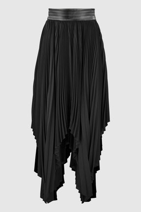 ASYMMETRIC PLEATED SKIRT W/ VEGAN LEATHER WAIST