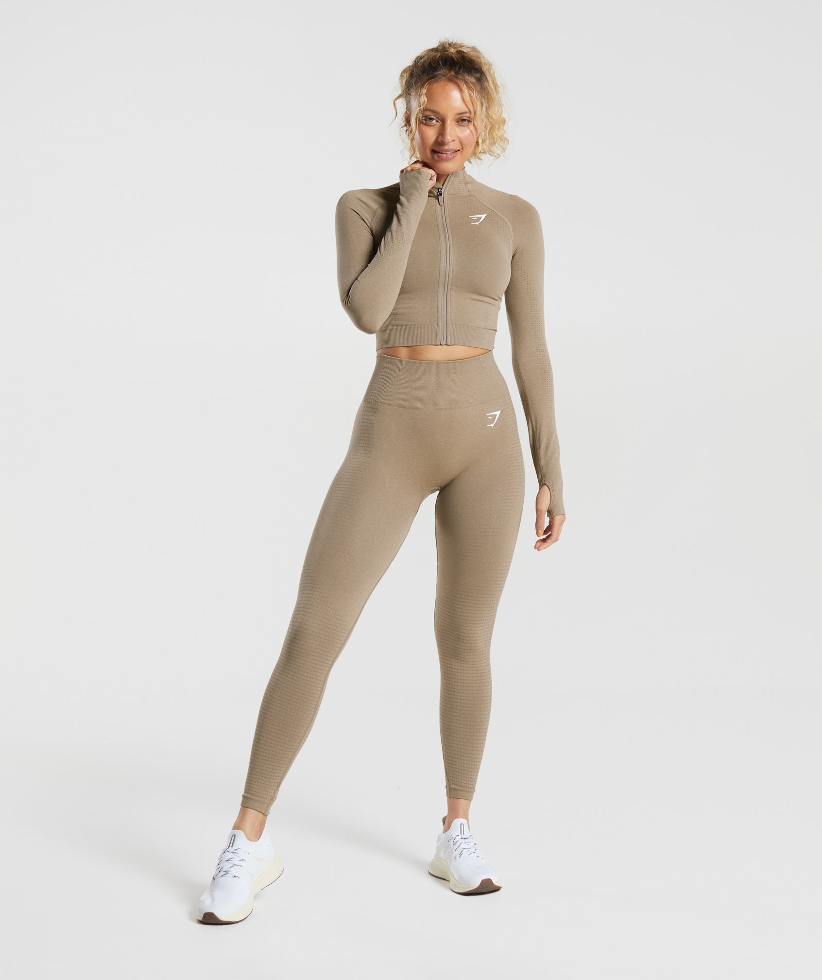 Gymshark Vital Midi Zip Up Jacket - Vanilla Brown Marl