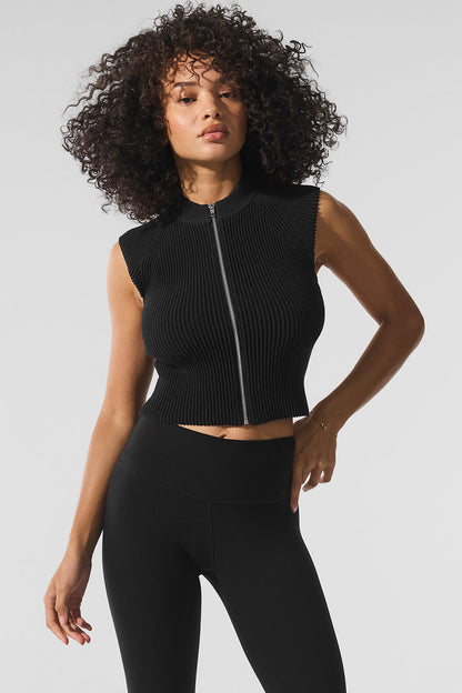 Denim Knit Sleeveless Full Zip Top